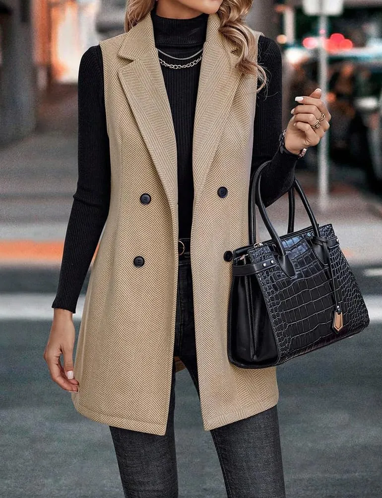 Mywinway Tweed Vest Women 2024 Fall Winter sleeveless Long Herringbone Wool Blazer Jackets Dress Trendy Outerwear
