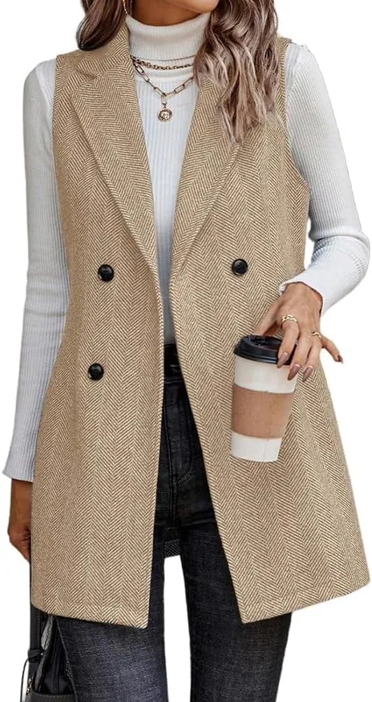 Mywinway Tweed Vest Women 2024 Fall Winter sleeveless Long Herringbone Wool Blazer Jackets Dress Trendy Outerwear