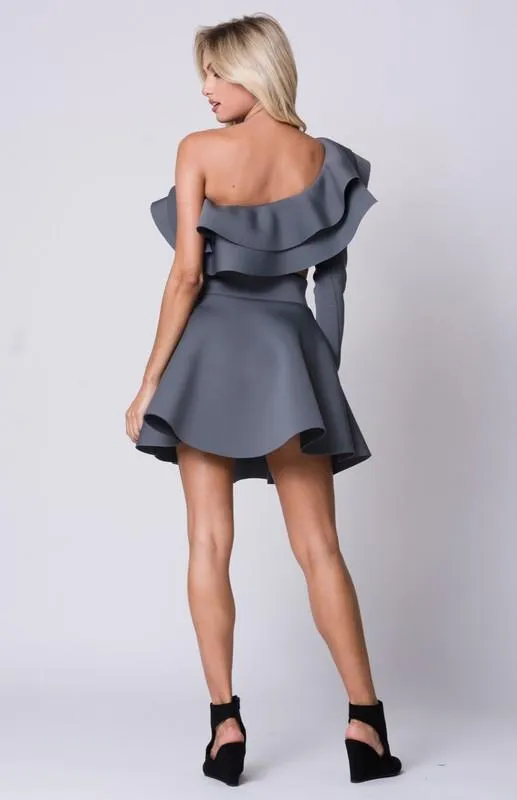 One Shoulder Ruffle Flared Skirts Set