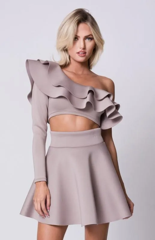 One Shoulder Ruffle Flared Skirts Set