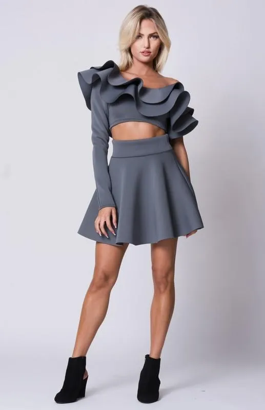 One Shoulder Ruffle Flared Skirts Set