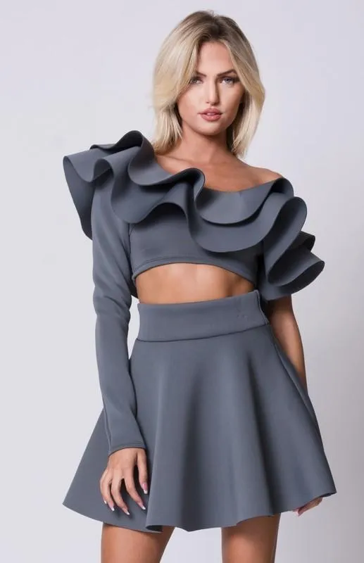 One Shoulder Ruffle Flared Skirts Set