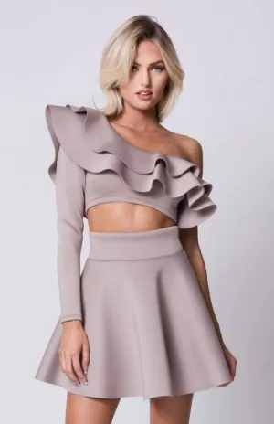 One Shoulder Ruffle Flared Skirts Set