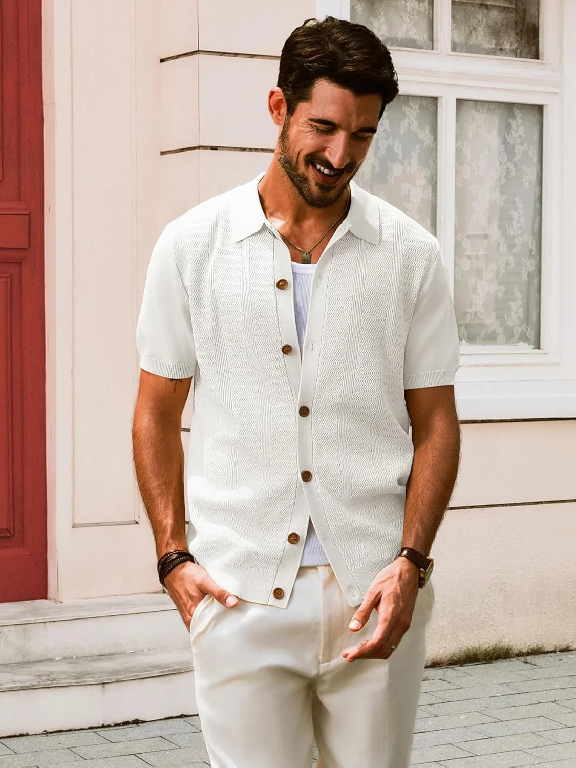 PJ PAUL JONES Mens Polo Shirt Short Sleeve Casual Knit Textured Button Down Polo Shirts with Pocket