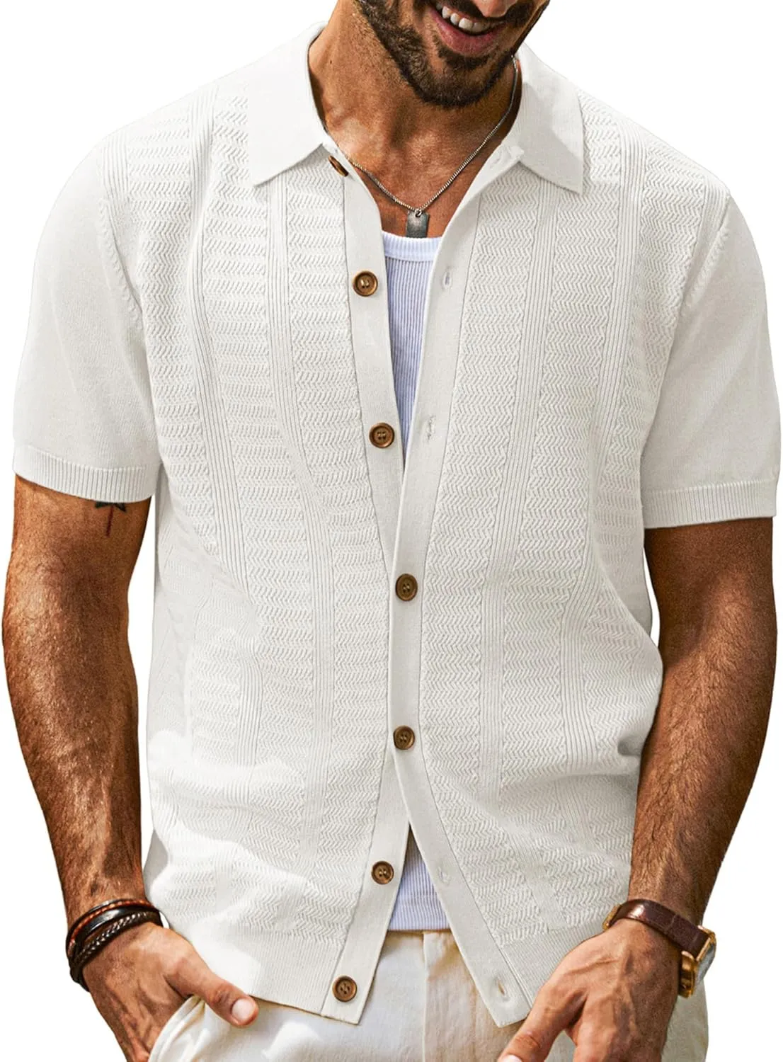 PJ PAUL JONES Mens Polo Shirt Short Sleeve Casual Knit Textured Button Down Polo Shirts with Pocket