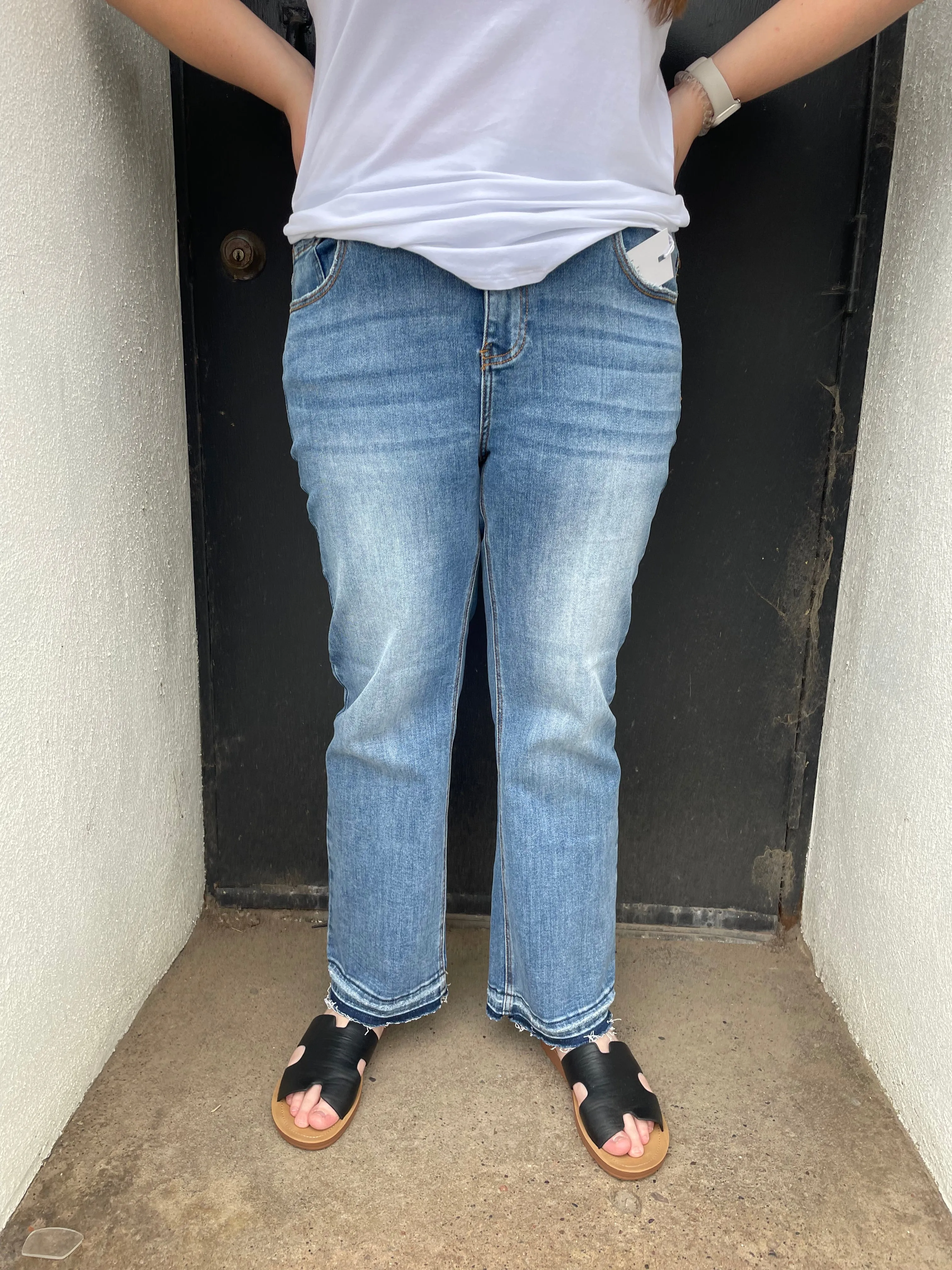 Risen Mid Rise Ankle Straight Slim Jeans