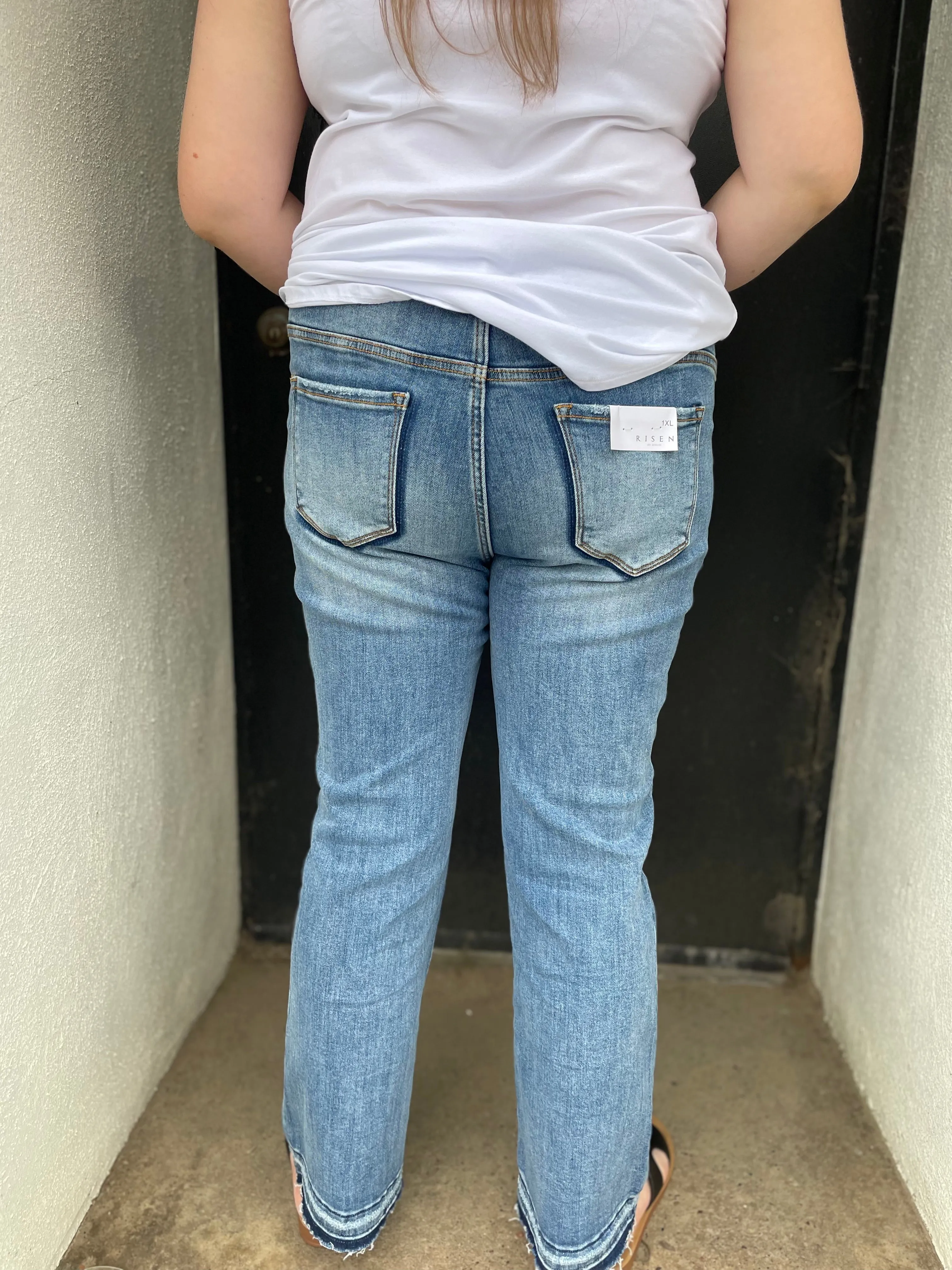Risen Mid Rise Ankle Straight Slim Jeans