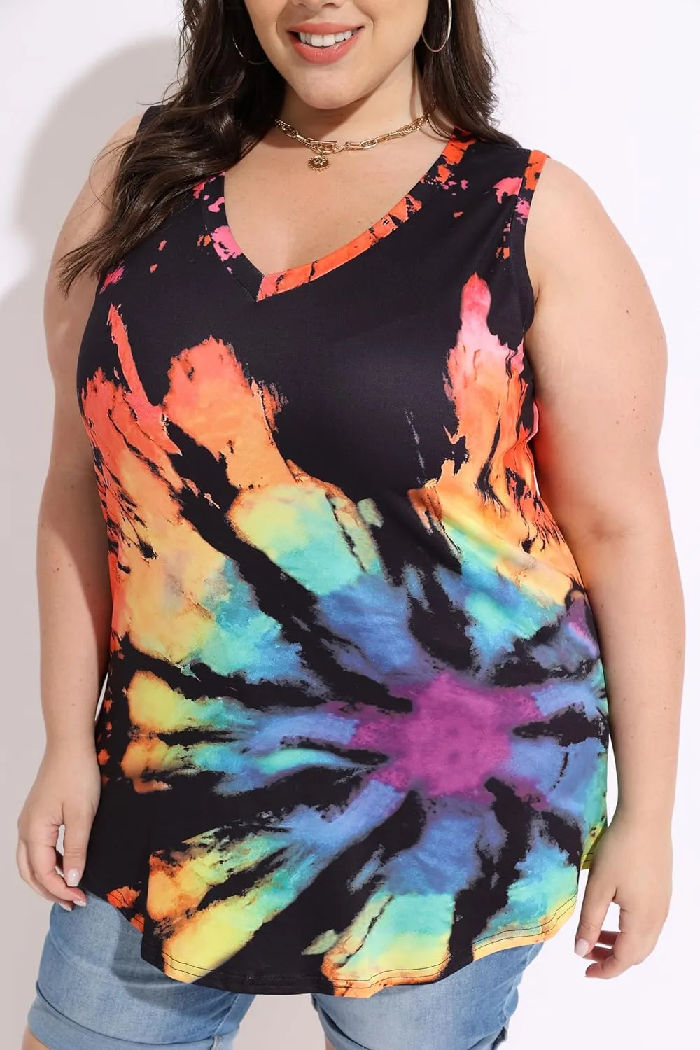 RITERA Plus Size Tank Tops for Women Tie Dye V Neck Sleeveless Shirt Casual Basic Muticolor Oversized Tanks XL-5XL