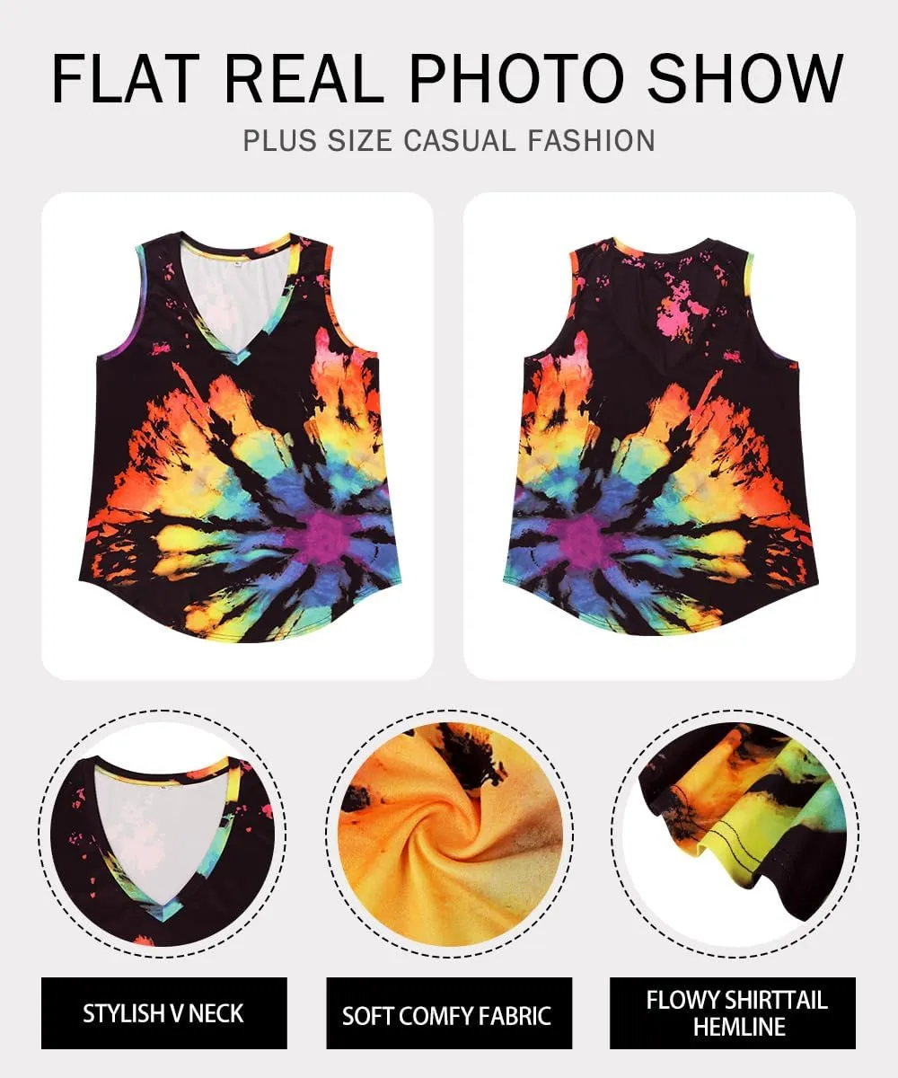 RITERA Plus Size Tank Tops for Women Tie Dye V Neck Sleeveless Shirt Casual Basic Muticolor Oversized Tanks XL-5XL
