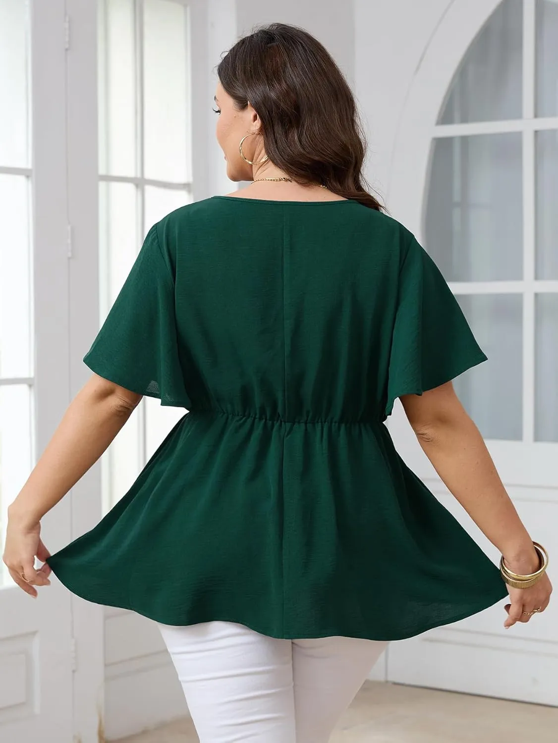 SCOMCHIC 2024 Women's Plus Size Peplum Tops Elegant V Neck Tie Front Bell Sleeve Flowy Blouses Shirts
