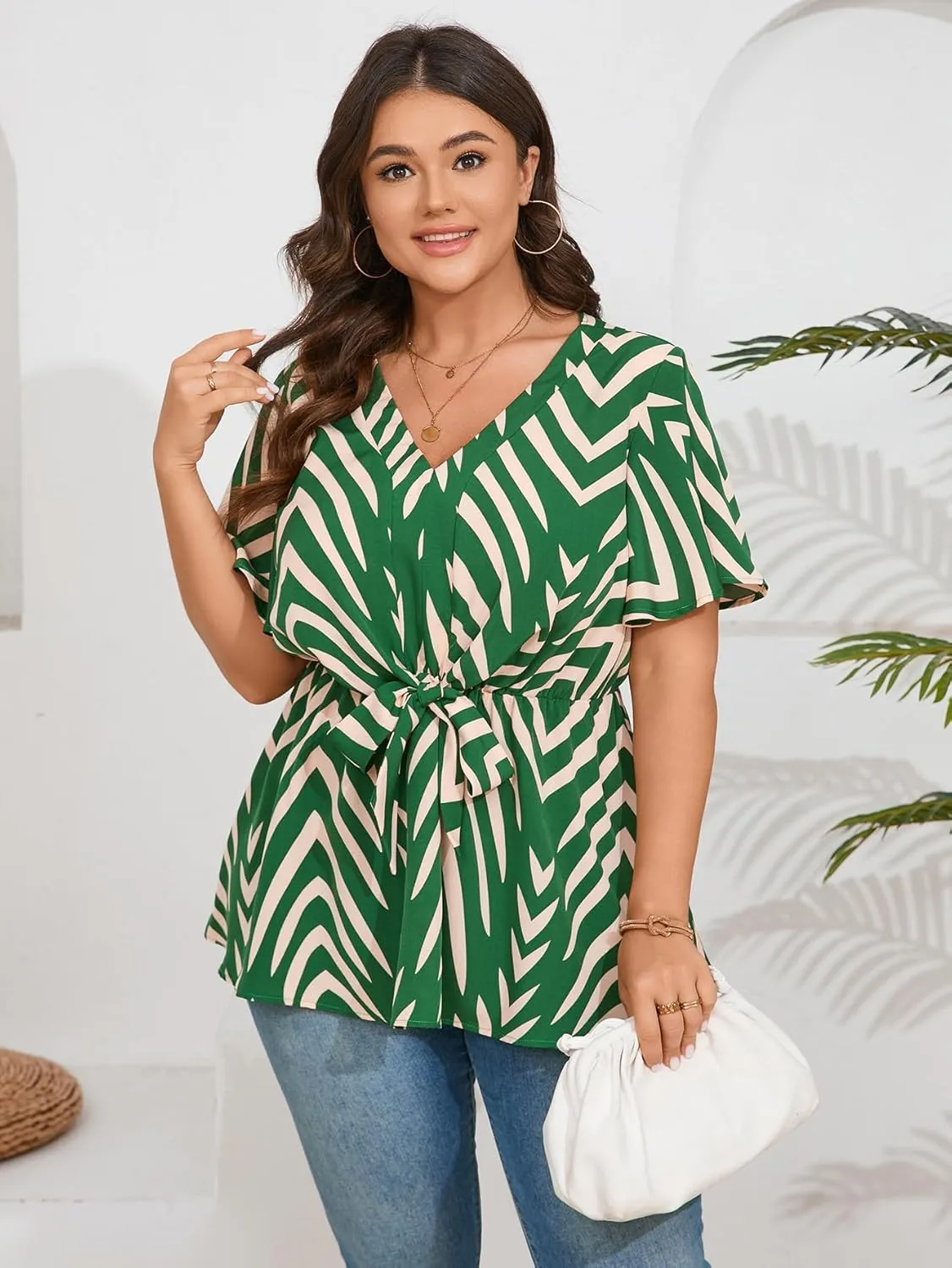 SCOMCHIC 2024 Women's Plus Size Peplum Tops Elegant V Neck Tie Front Bell Sleeve Flowy Blouses Shirts