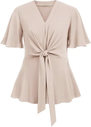 SCOMCHIC 2024 Women's Plus Size Peplum Tops Elegant V Neck Tie Front Bell Sleeve Flowy Blouses Shirts