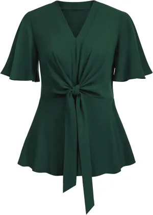 SCOMCHIC 2024 Women's Plus Size Peplum Tops Elegant V Neck Tie Front Bell Sleeve Flowy Blouses Shirts