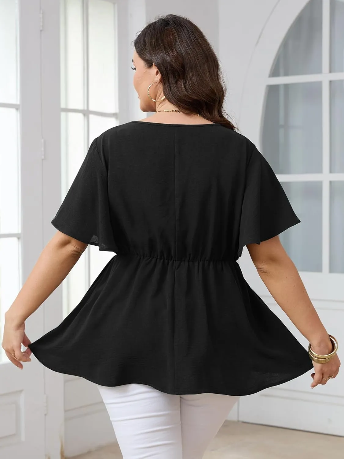 SCOMCHIC 2024 Women's Plus Size Peplum Tops Elegant V Neck Tie Front Bell Sleeve Flowy Blouses Shirts