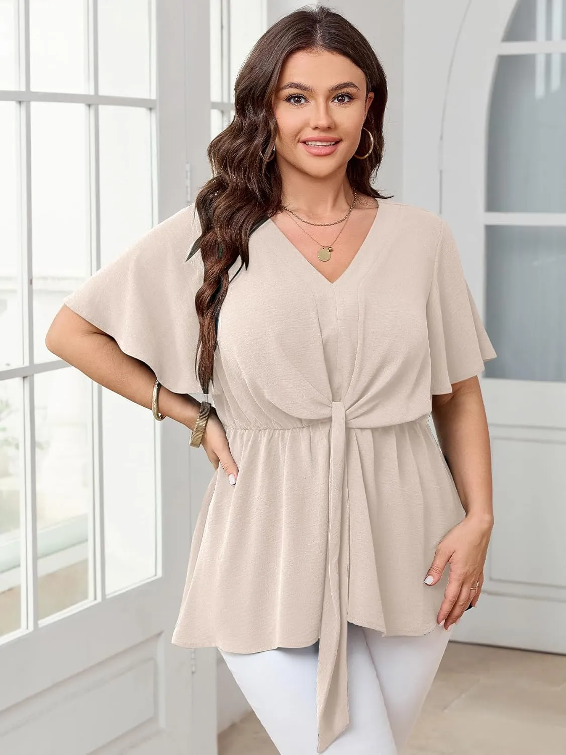 SCOMCHIC 2024 Women's Plus Size Peplum Tops Elegant V Neck Tie Front Bell Sleeve Flowy Blouses Shirts