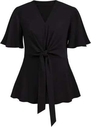 SCOMCHIC 2024 Women's Plus Size Peplum Tops Elegant V Neck Tie Front Bell Sleeve Flowy Blouses Shirts