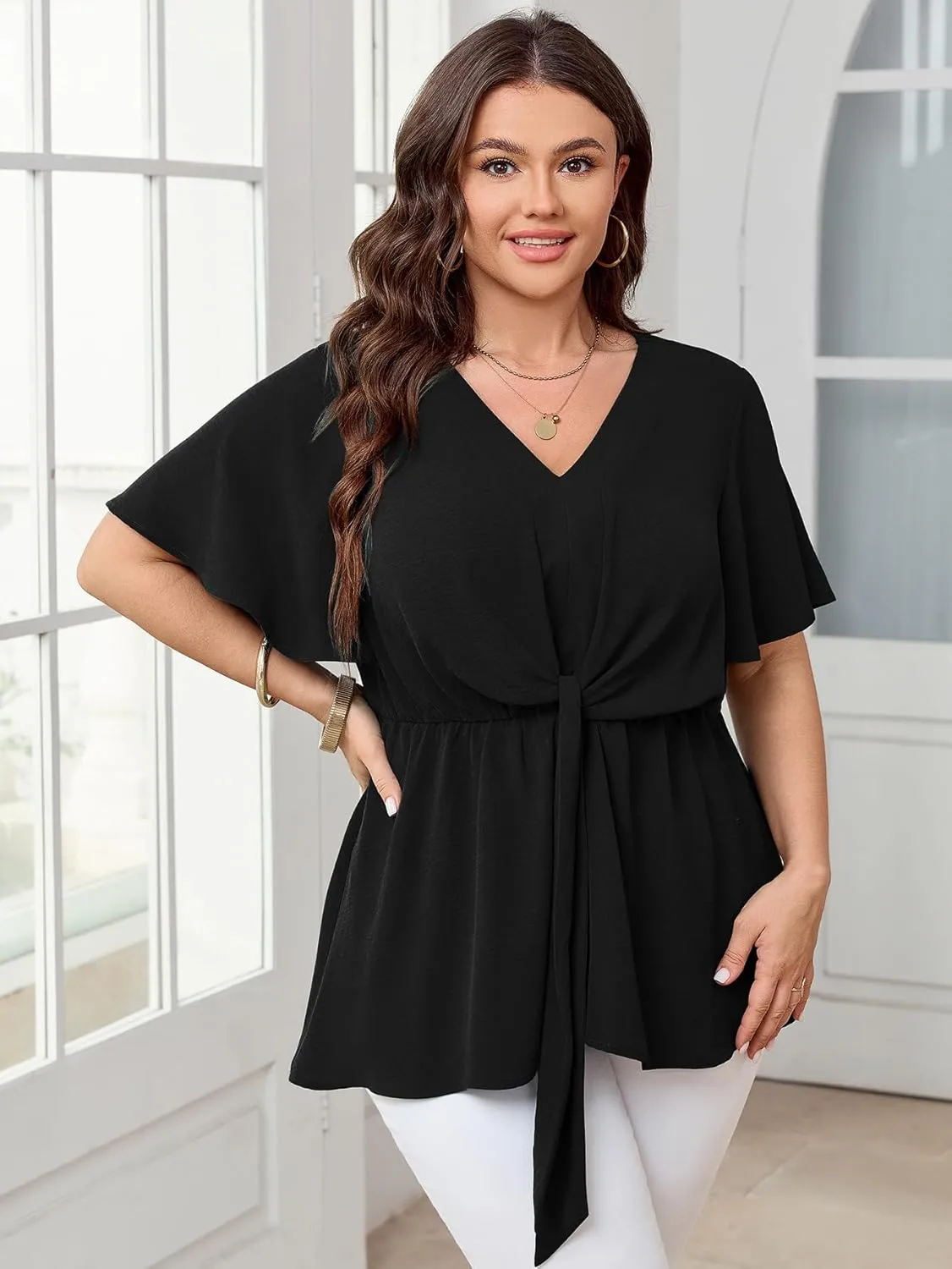 SCOMCHIC 2024 Women's Plus Size Peplum Tops Elegant V Neck Tie Front Bell Sleeve Flowy Blouses Shirts