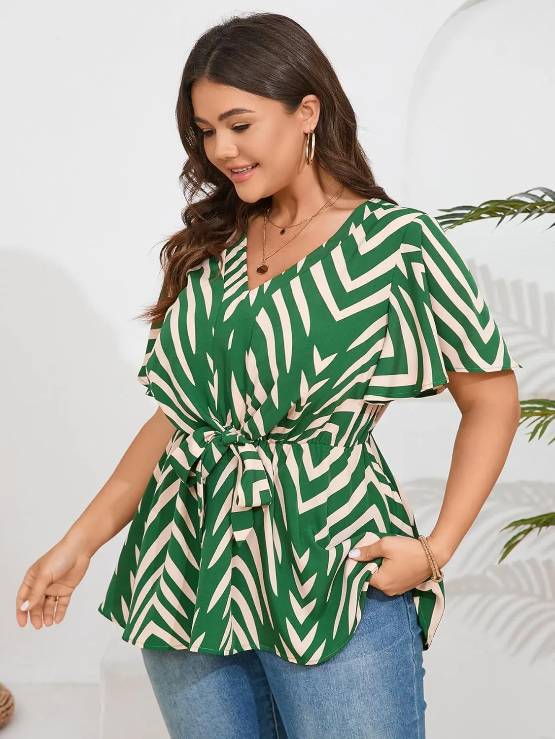 SCOMCHIC 2024 Women's Plus Size Peplum Tops Elegant V Neck Tie Front Bell Sleeve Flowy Blouses Shirts