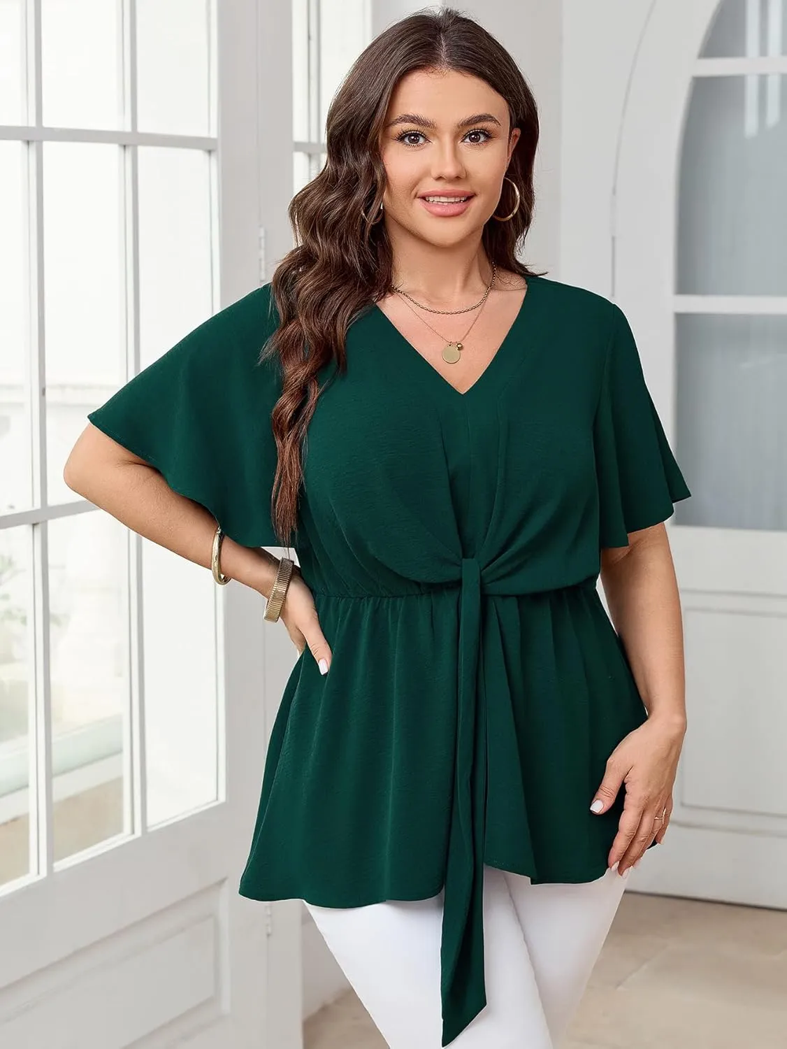 SCOMCHIC 2024 Women's Plus Size Peplum Tops Elegant V Neck Tie Front Bell Sleeve Flowy Blouses Shirts