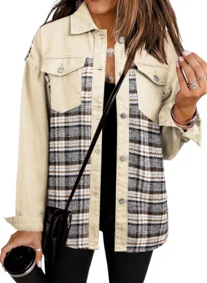 SHEWIN Women's Oversized Denim Jacket Casual Long Sleeve Button Down Plaid Shacket Boyfriend Jean Jacket With Pockets