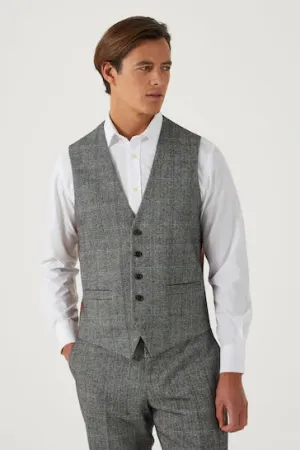 SKOPES ROWAN WOOL BLEND HERRINGBONE WAISTCOAT WITH OVER CHECK GREY