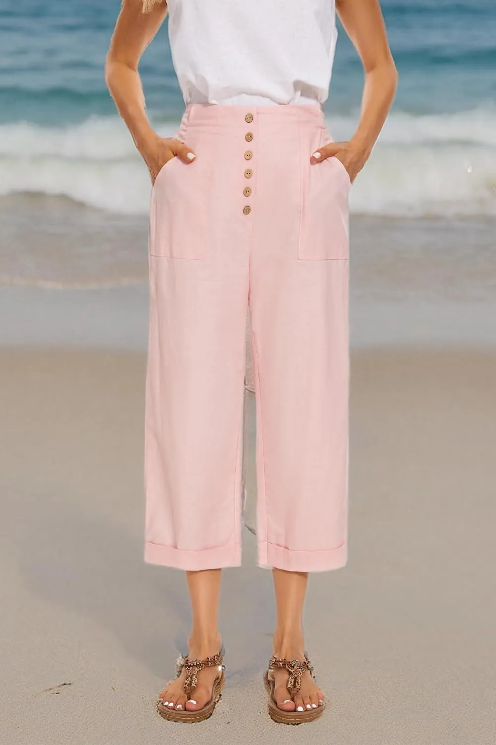 SVALIY Summer Cotton Linen Cropped Wide Leg Pants Capris Women Ladies Casual Loose Palazzo Pant Work Elastic Pocket