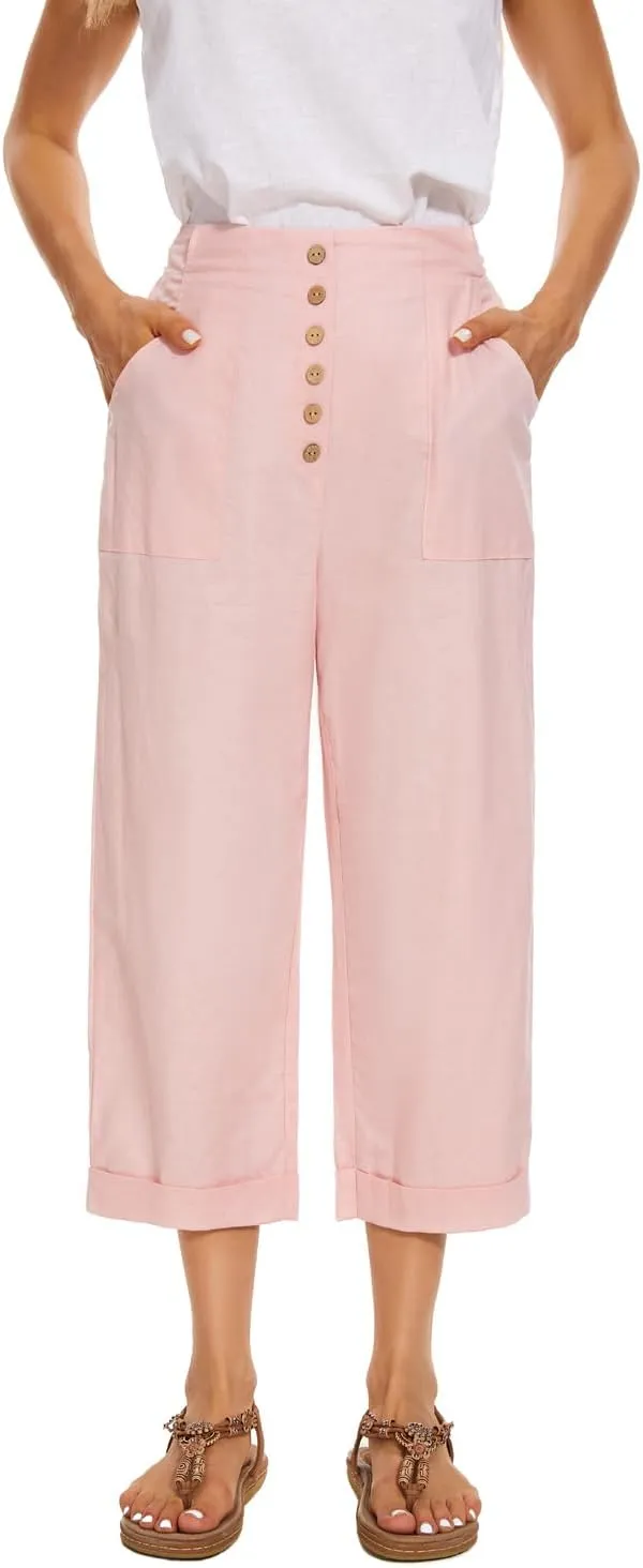 SVALIY Summer Cotton Linen Cropped Wide Leg Pants Capris Women Ladies Casual Loose Palazzo Pant Work Elastic Pocket