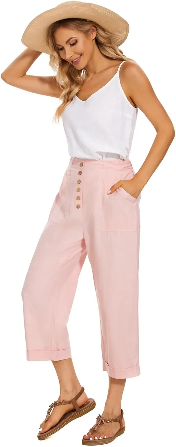 SVALIY Summer Cotton Linen Cropped Wide Leg Pants Capris Women Ladies Casual Loose Palazzo Pant Work Elastic Pocket