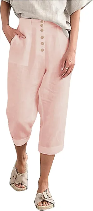 SVALIY Summer Cotton Linen Cropped Wide Leg Pants Capris Women Ladies Casual Loose Palazzo Pant Work Elastic Pocket