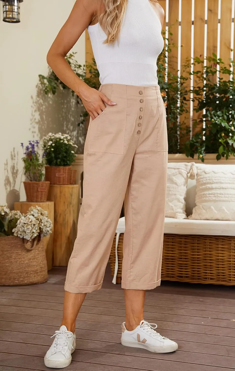 SVALIY Summer Cotton Linen Cropped Wide Leg Pants Capris Women Ladies Casual Loose Palazzo Pant Work Elastic Pocket