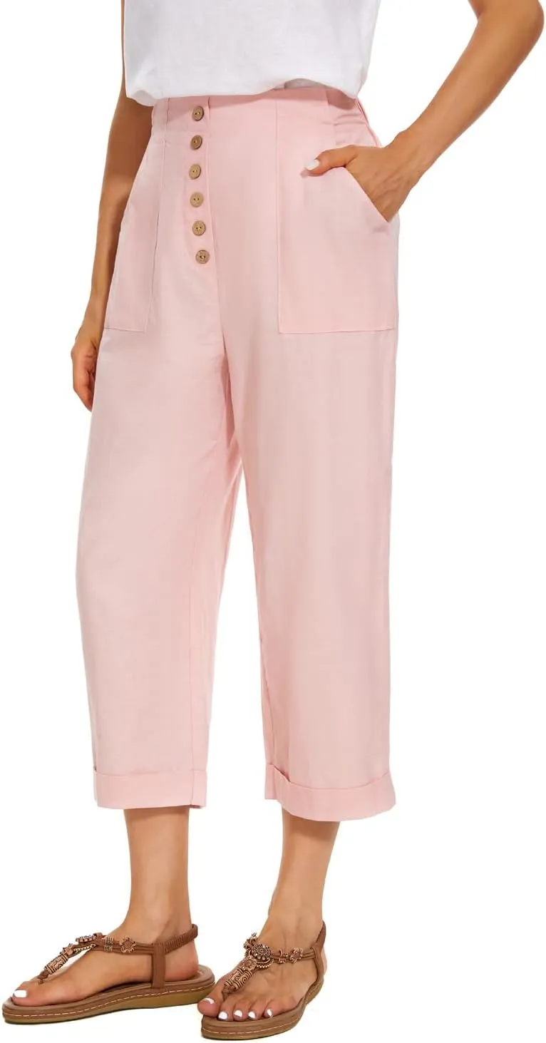SVALIY Summer Cotton Linen Cropped Wide Leg Pants Capris Women Ladies Casual Loose Palazzo Pant Work Elastic Pocket