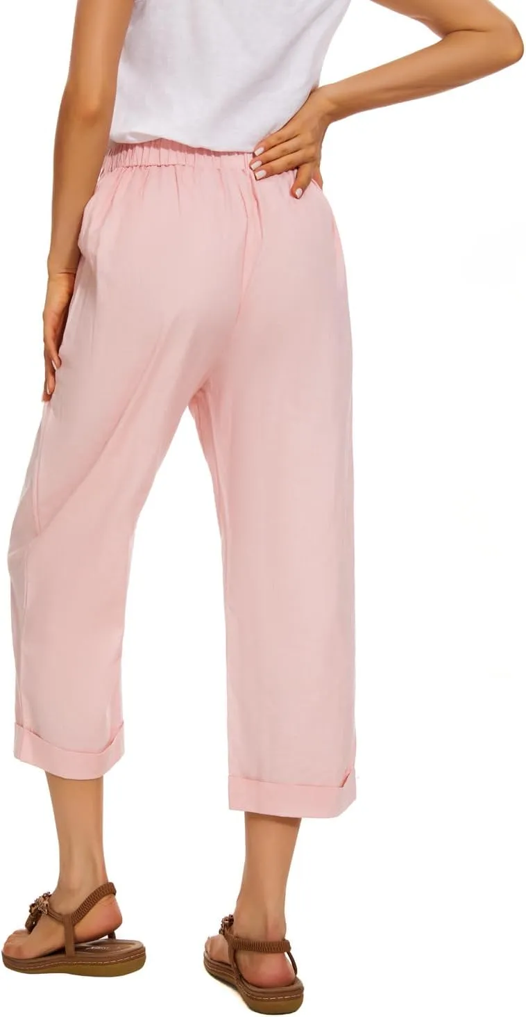 SVALIY Summer Cotton Linen Cropped Wide Leg Pants Capris Women Ladies Casual Loose Palazzo Pant Work Elastic Pocket