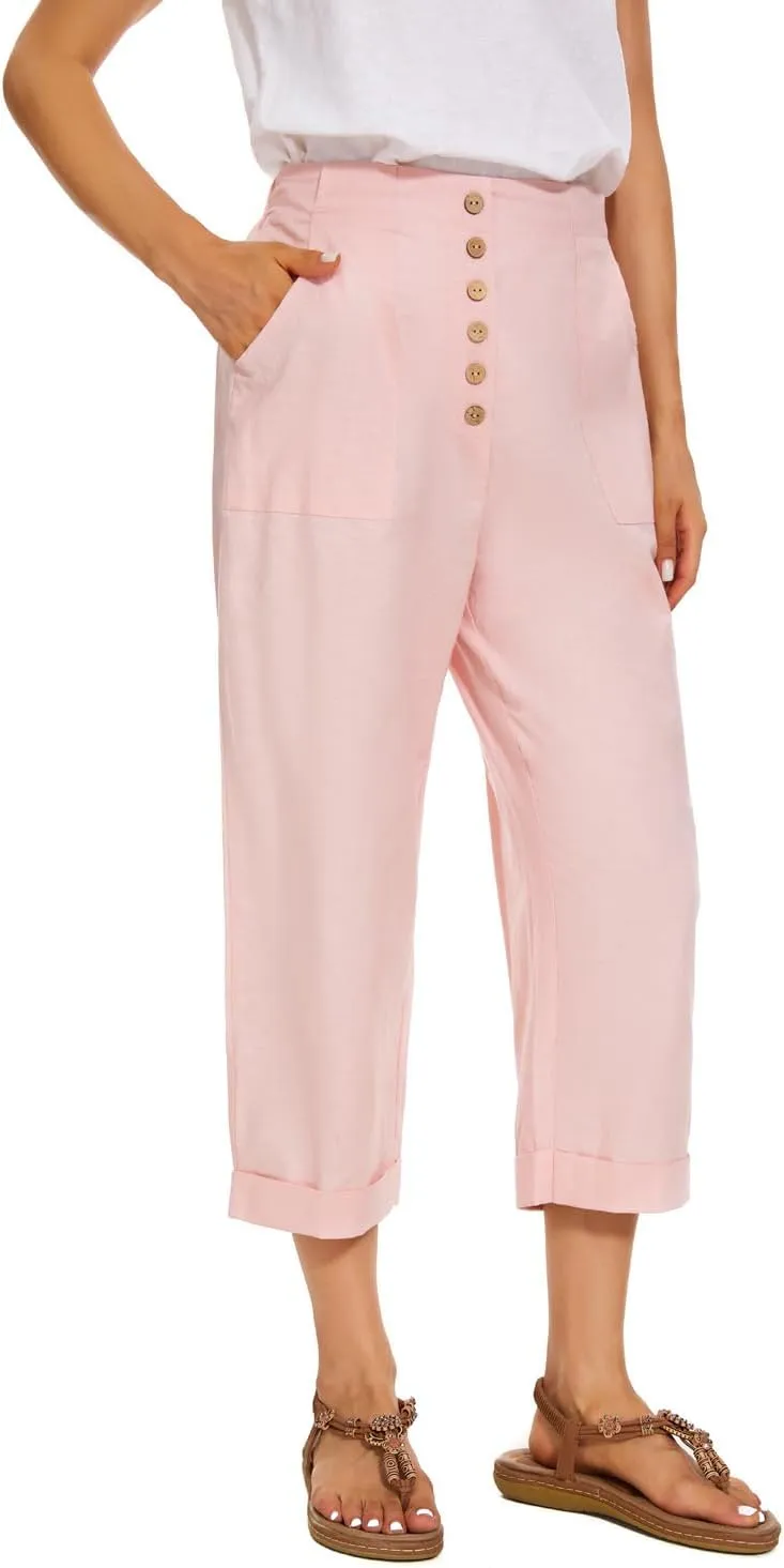 SVALIY Summer Cotton Linen Cropped Wide Leg Pants Capris Women Ladies Casual Loose Palazzo Pant Work Elastic Pocket