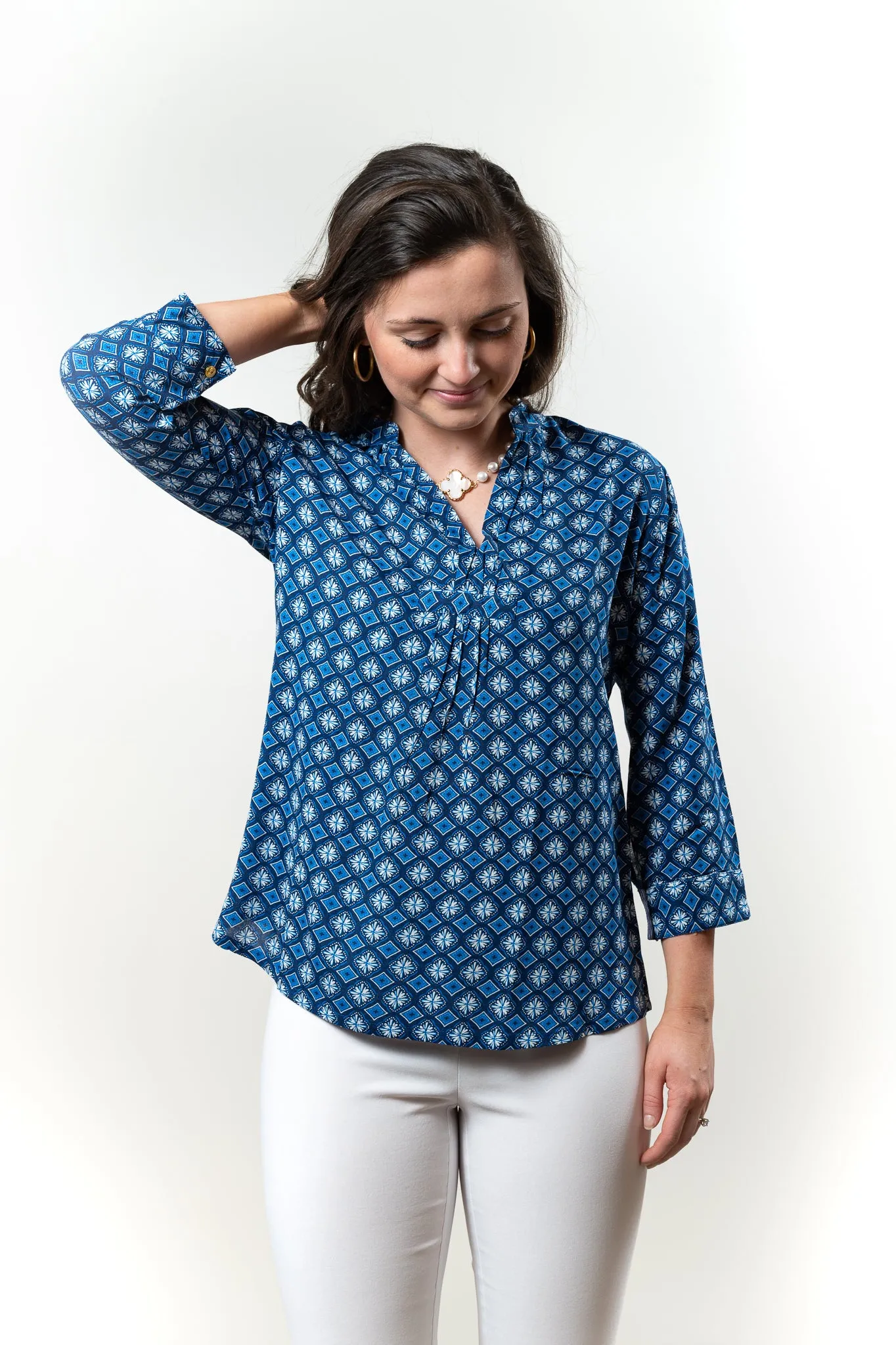 The Eloise Rayon Print Top in Shades of Blue