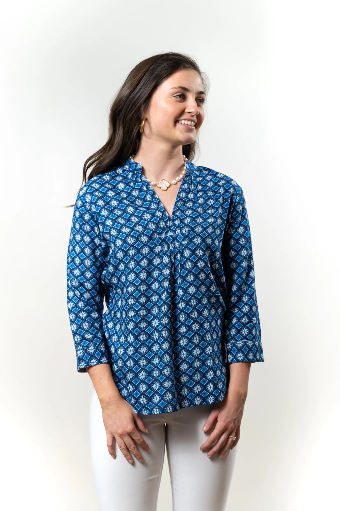 The Eloise Rayon Print Top in Shades of Blue