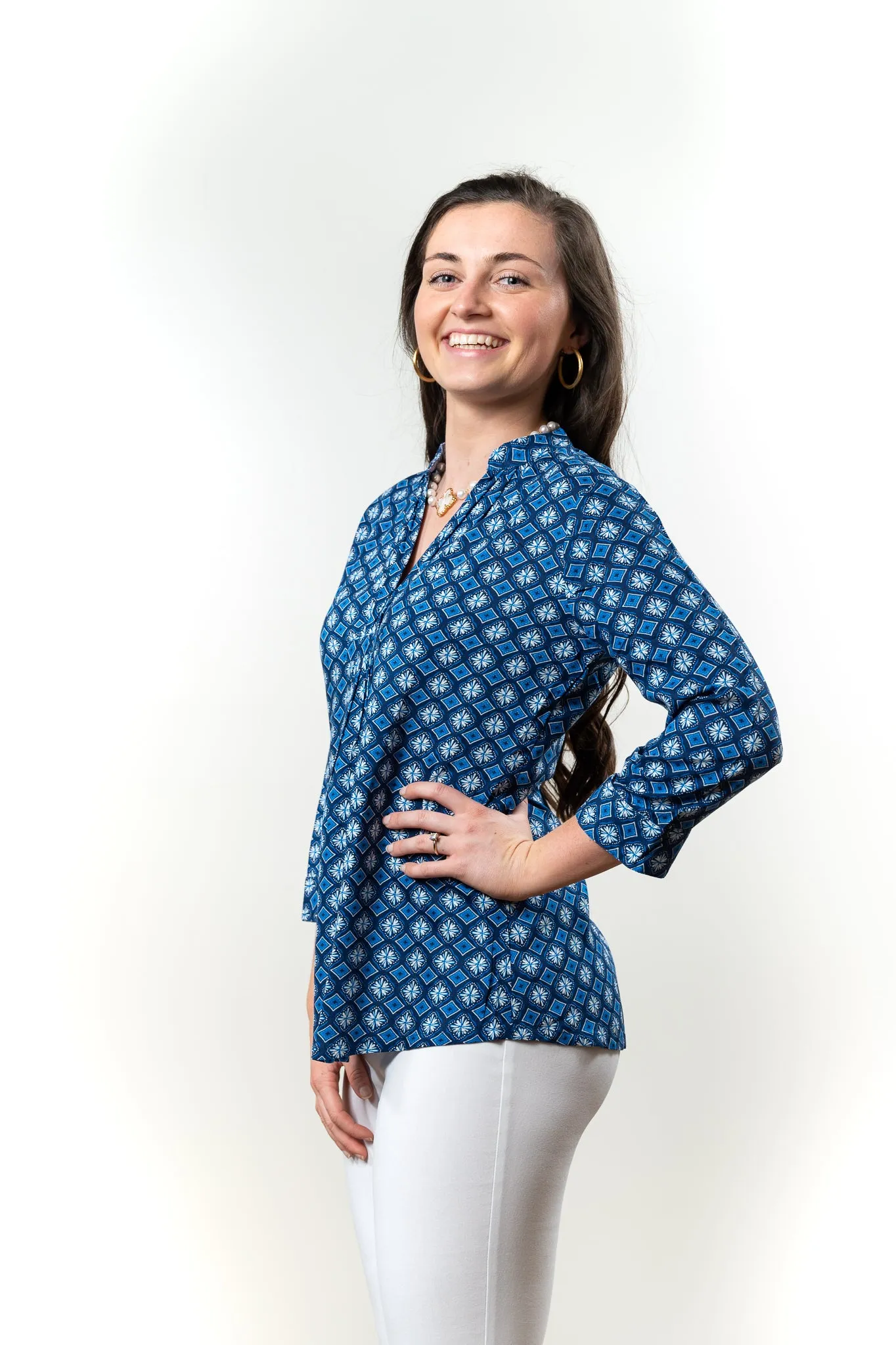 The Eloise Rayon Print Top in Shades of Blue