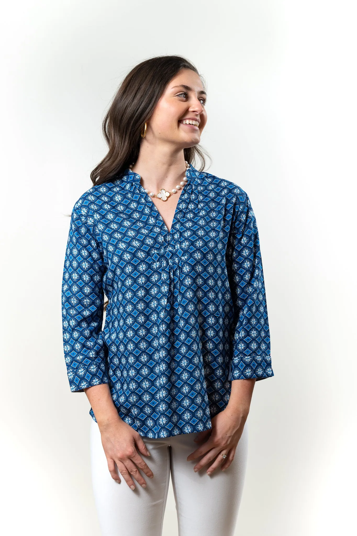 The Eloise Rayon Print Top in Shades of Blue