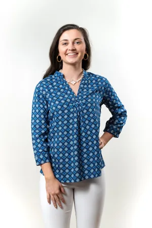 The Eloise Rayon Print Top in Shades of Blue