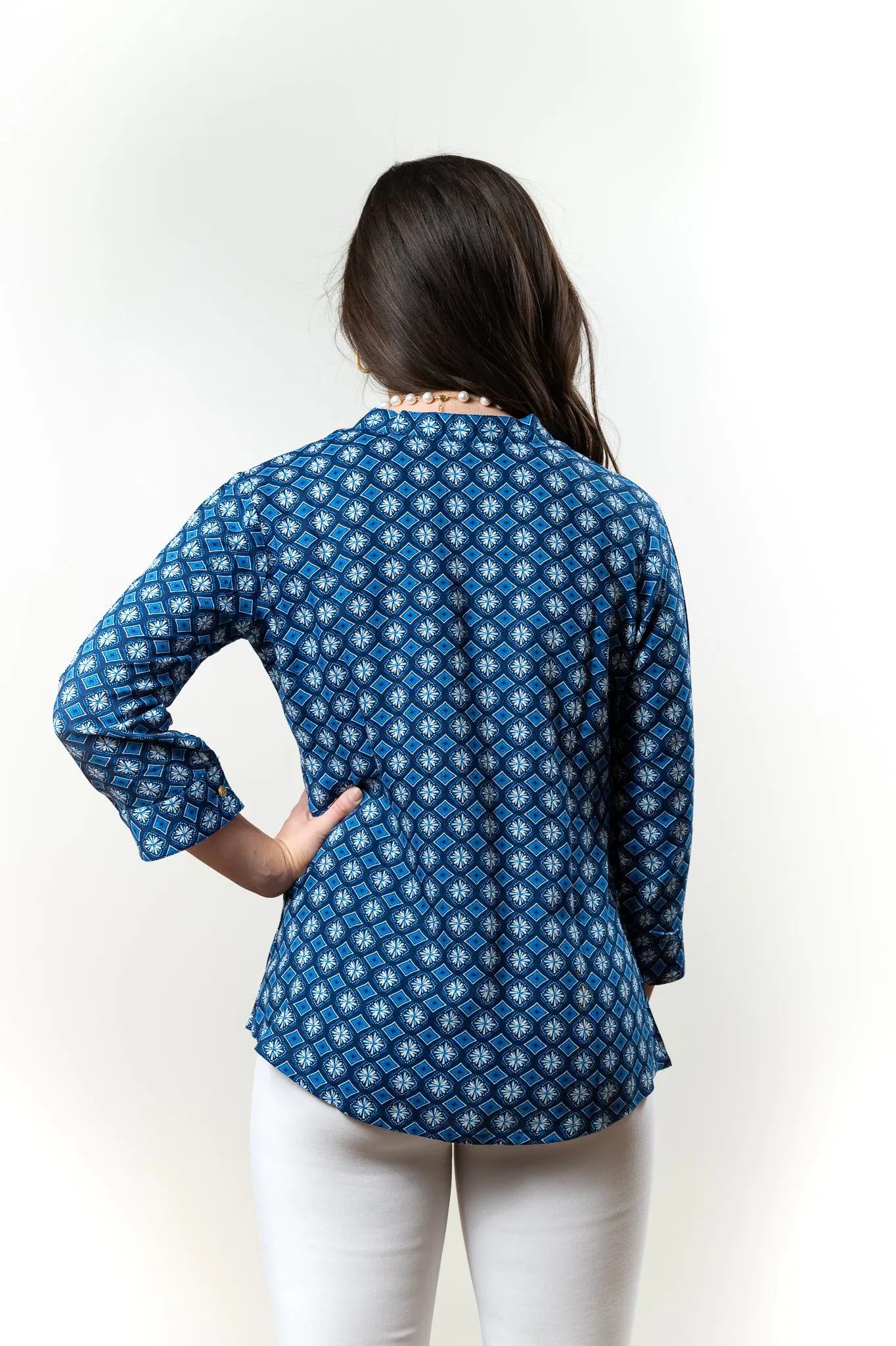 The Eloise Rayon Print Top in Shades of Blue