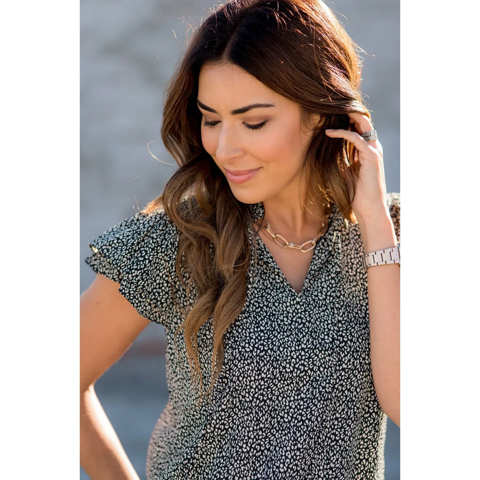 Tie High V-Neck Mini Leopard Blouse