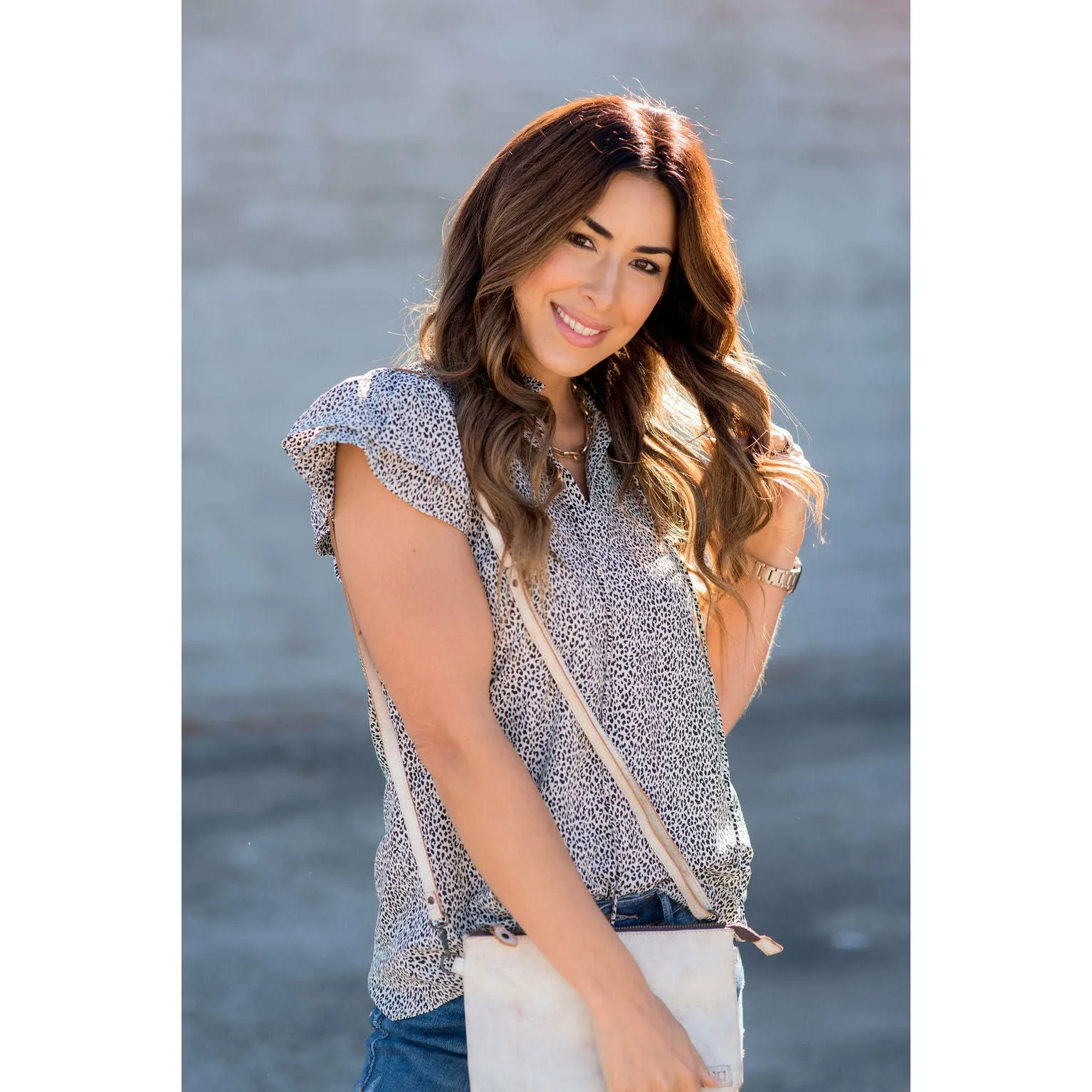 Tie High V-Neck Mini Leopard Blouse