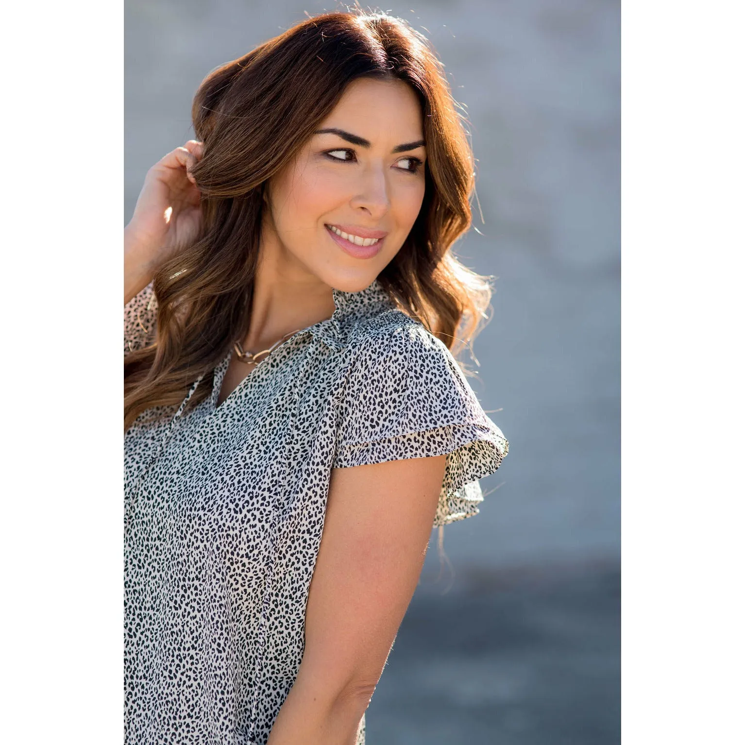 Tie High V-Neck Mini Leopard Blouse