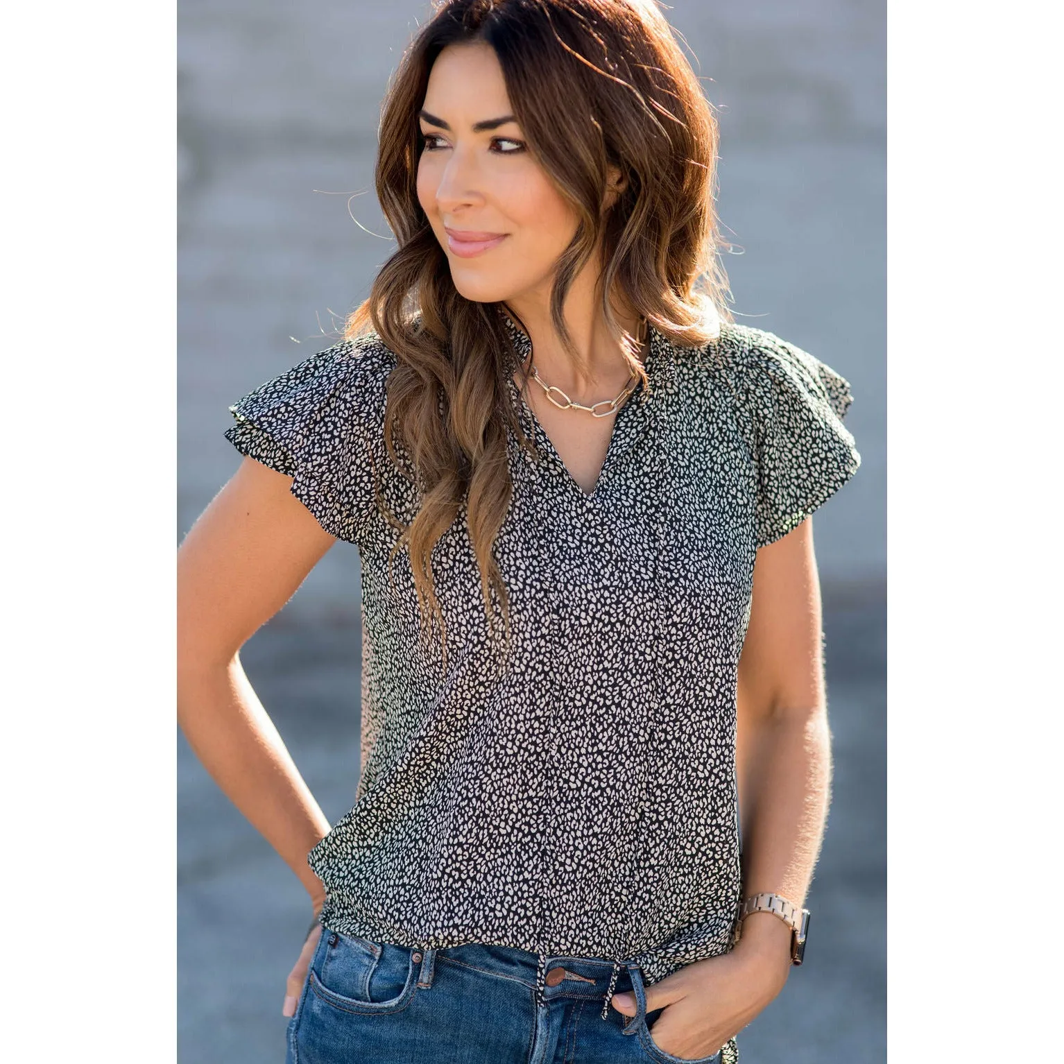 Tie High V-Neck Mini Leopard Blouse