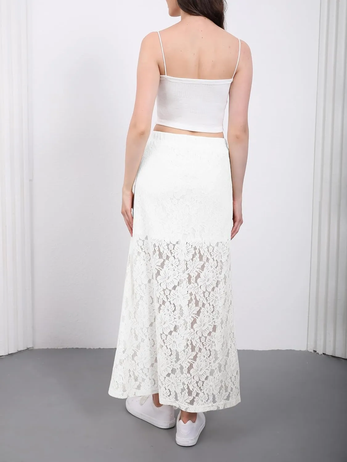 Urban CoCo Women's Elastic High Waisted Flowy A-Line Maxi Lace Skirt Summer Casual Long Skirts