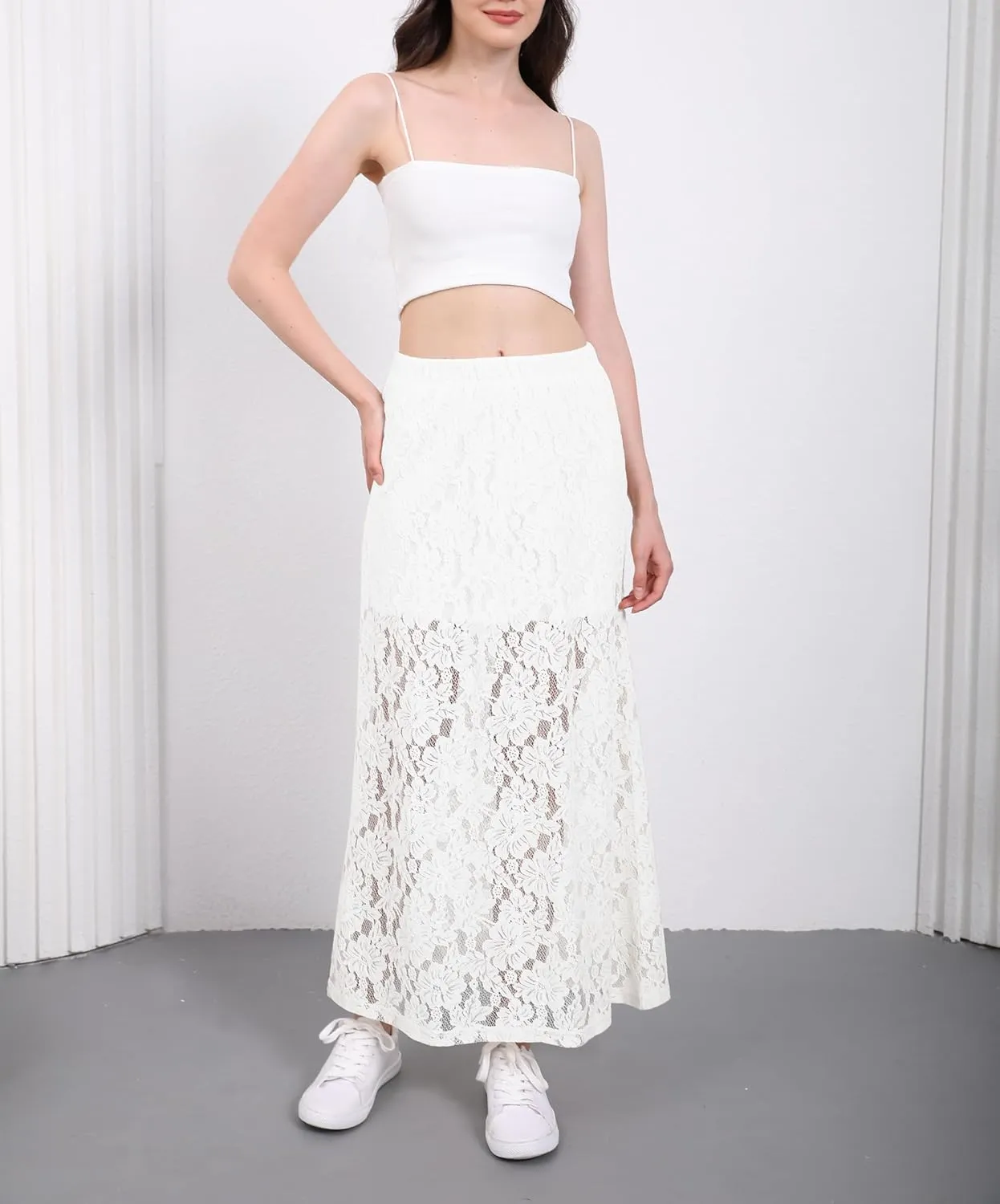 Urban CoCo Women's Elastic High Waisted Flowy A-Line Maxi Lace Skirt Summer Casual Long Skirts