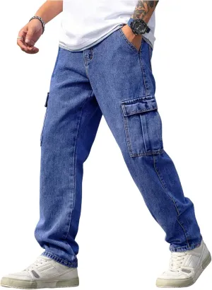 WDIRARA Men's Slim Fit Cargo Jeans Straight Leg Streetwear Denim Work Pants with Flap Pockets
