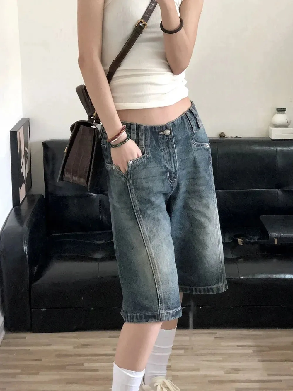 Wenkouban Women's Fashion Baggy Blue Denim Shorts Vintage Street Style Wide Leg Capris Female High Waist Straight Kenn-length Jeans