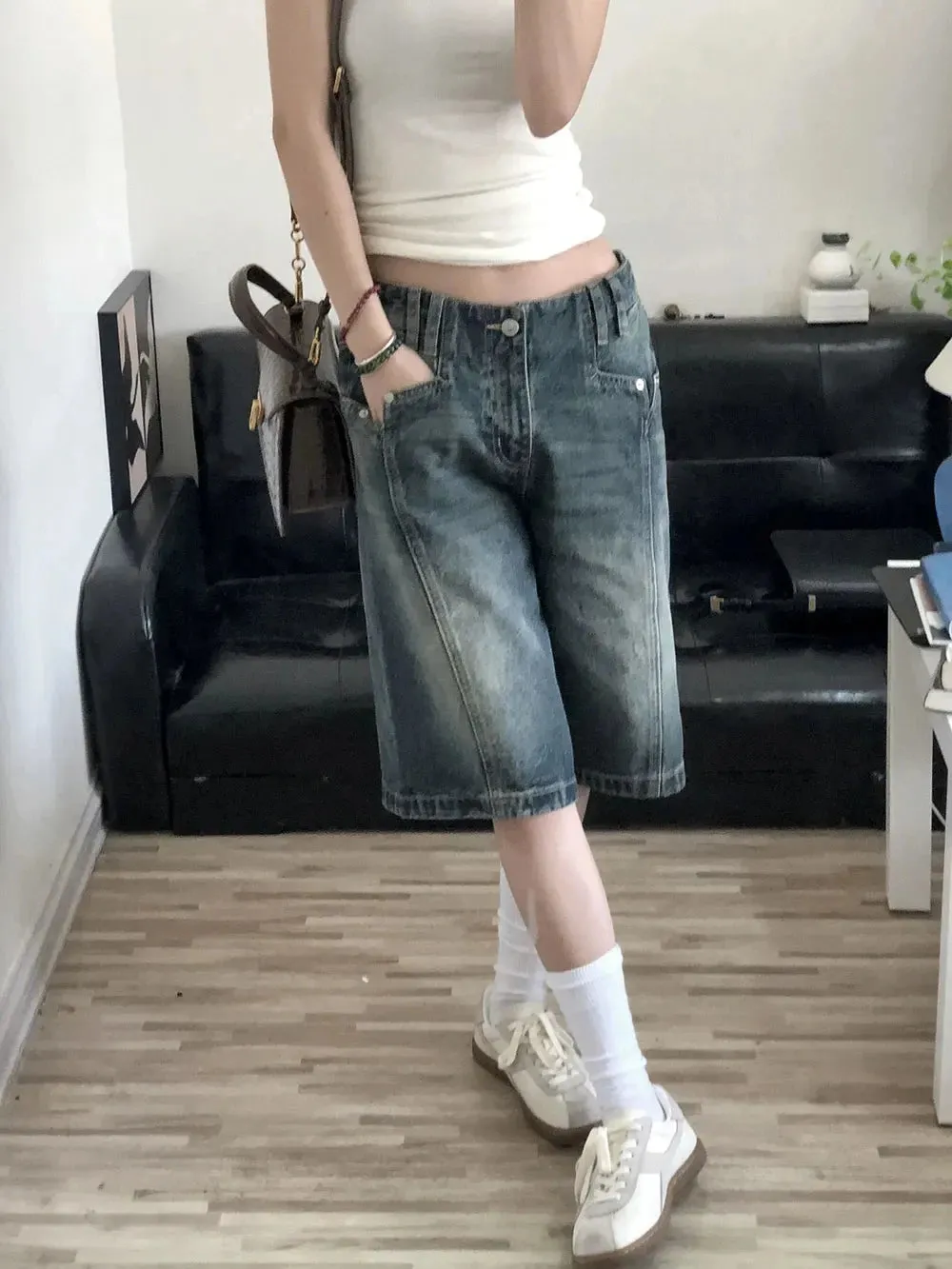Wenkouban Women's Fashion Baggy Blue Denim Shorts Vintage Street Style Wide Leg Capris Female High Waist Straight Kenn-length Jeans