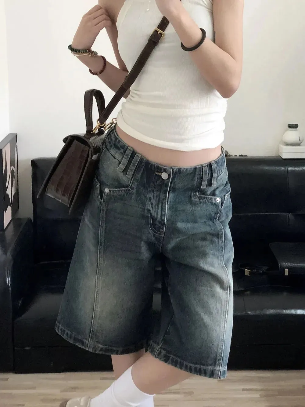 Wenkouban Women's Fashion Baggy Blue Denim Shorts Vintage Street Style Wide Leg Capris Female High Waist Straight Kenn-length Jeans