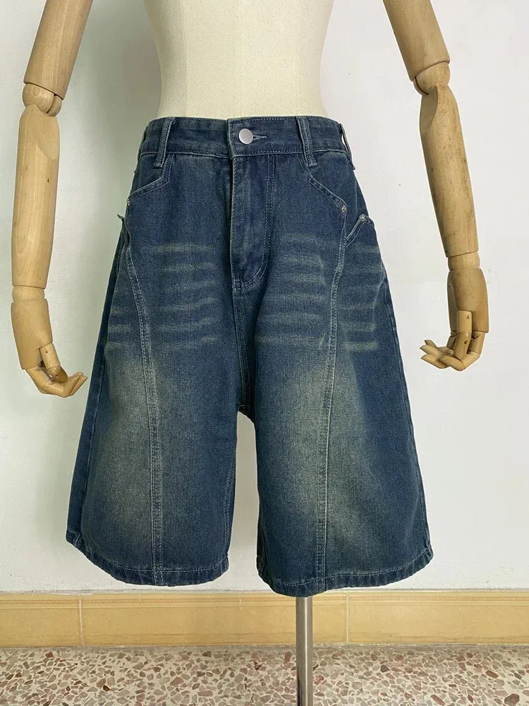 Wenkouban Women's Fashion Baggy Blue Denim Shorts Vintage Street Style Wide Leg Capris Female High Waist Straight Kenn-length Jeans